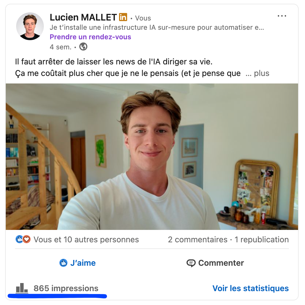 Post relation LinkedIn de Lucien, 3 leads pour 865 impressions